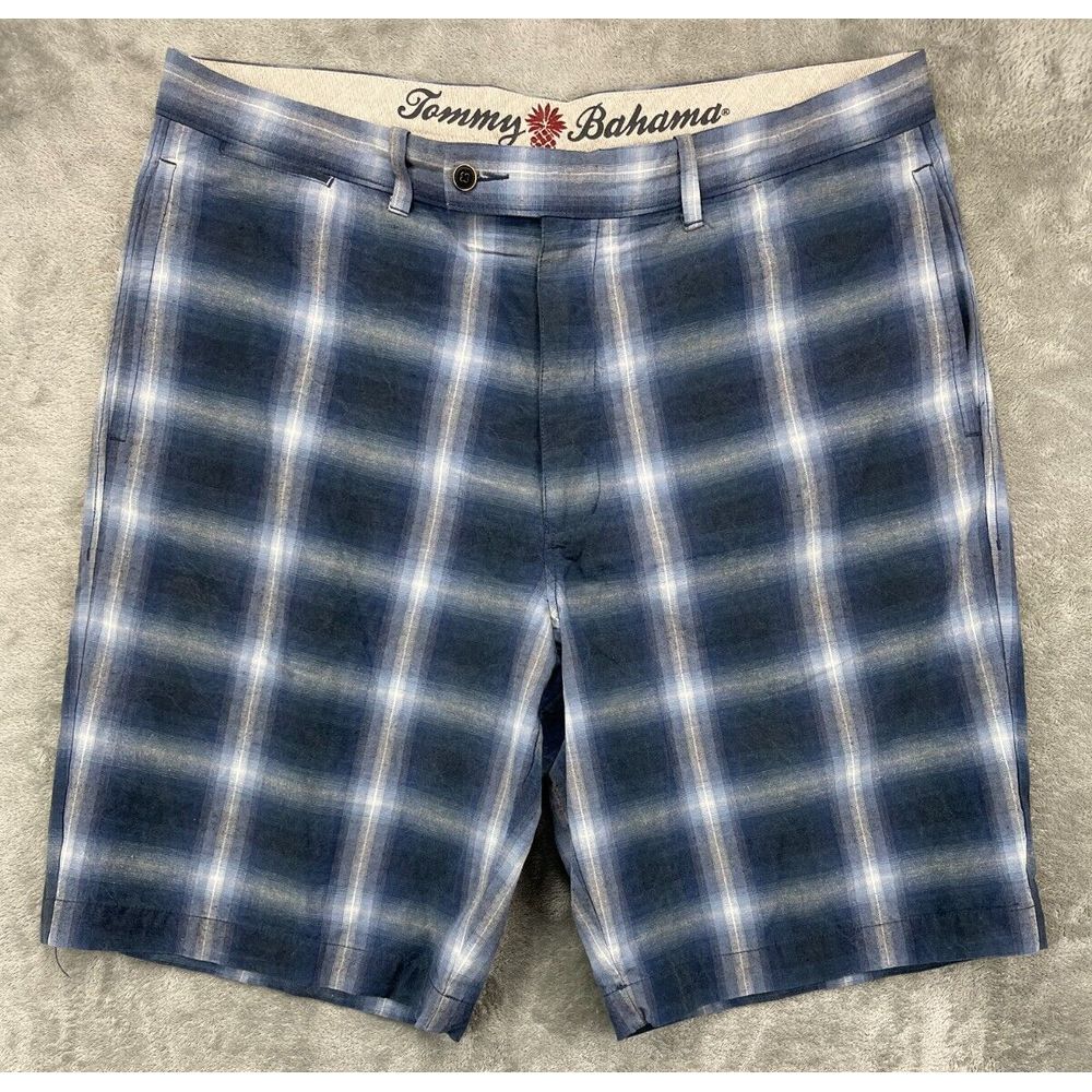Tommy Bahama Men's Shorts‎ 38 Blue Plaid Chinos Linen Silk Blend 10" Inseam